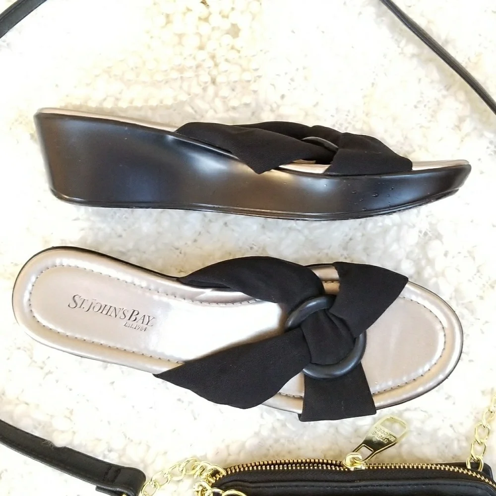 St John's Bay Black Wedge criss cross sandals